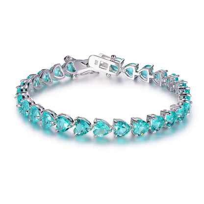 Custom Silver Corundum Lab Created Heart-Shaped Blue Sapphire Tennis Bracelet