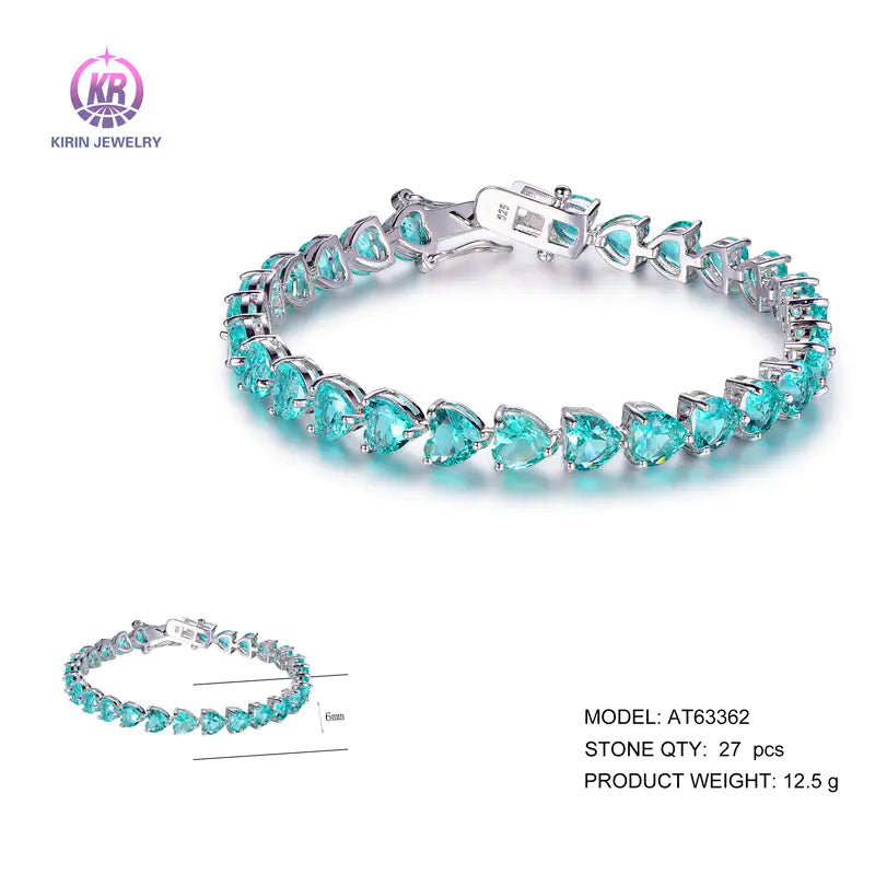 Custom Silver Corundum Lab Created Heart-Shaped Blue Sapphire Tennis Bracelet for Women