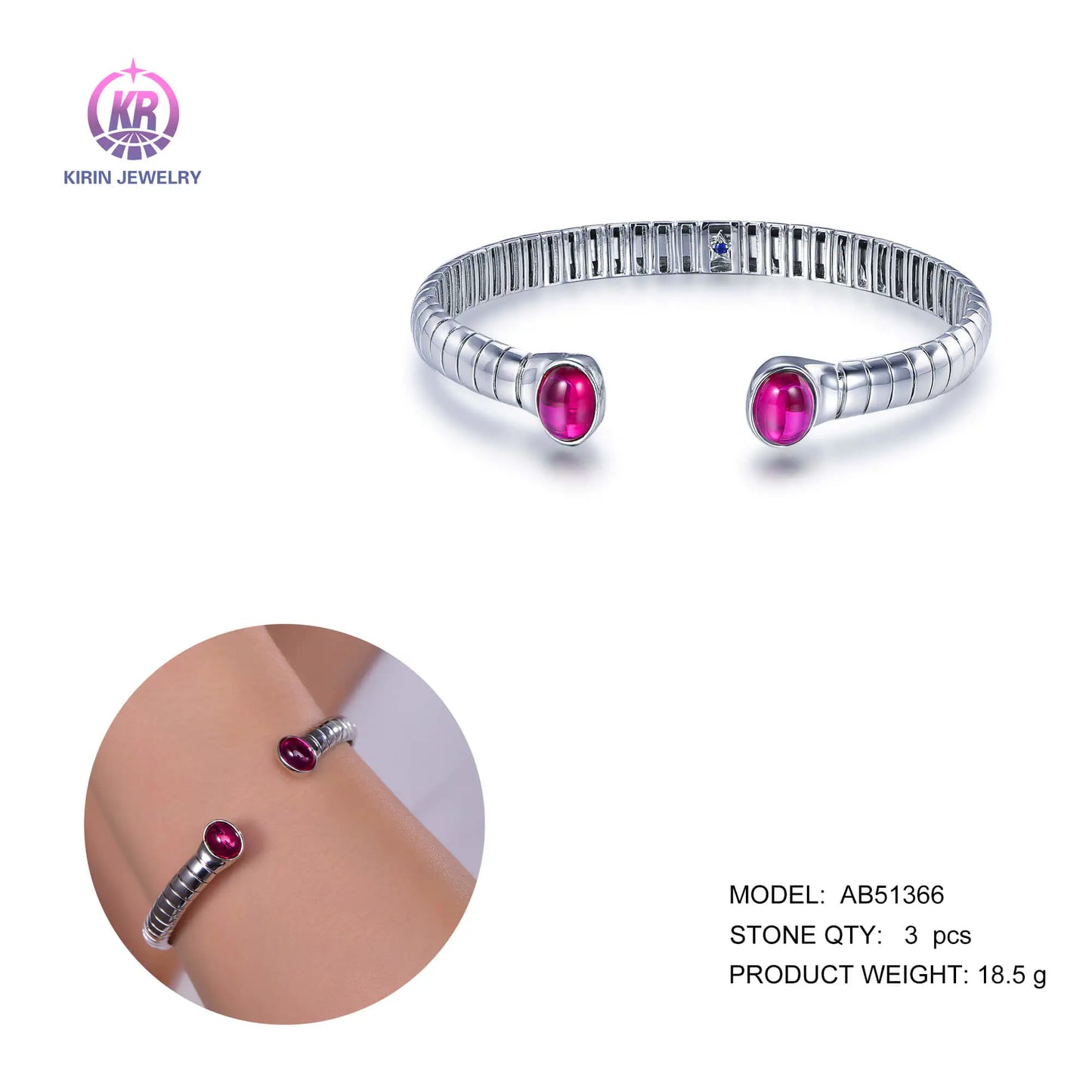 Custom Silver Corundum Lab Created Sapphire Ruby Open Bangle Bracelets​ for Women