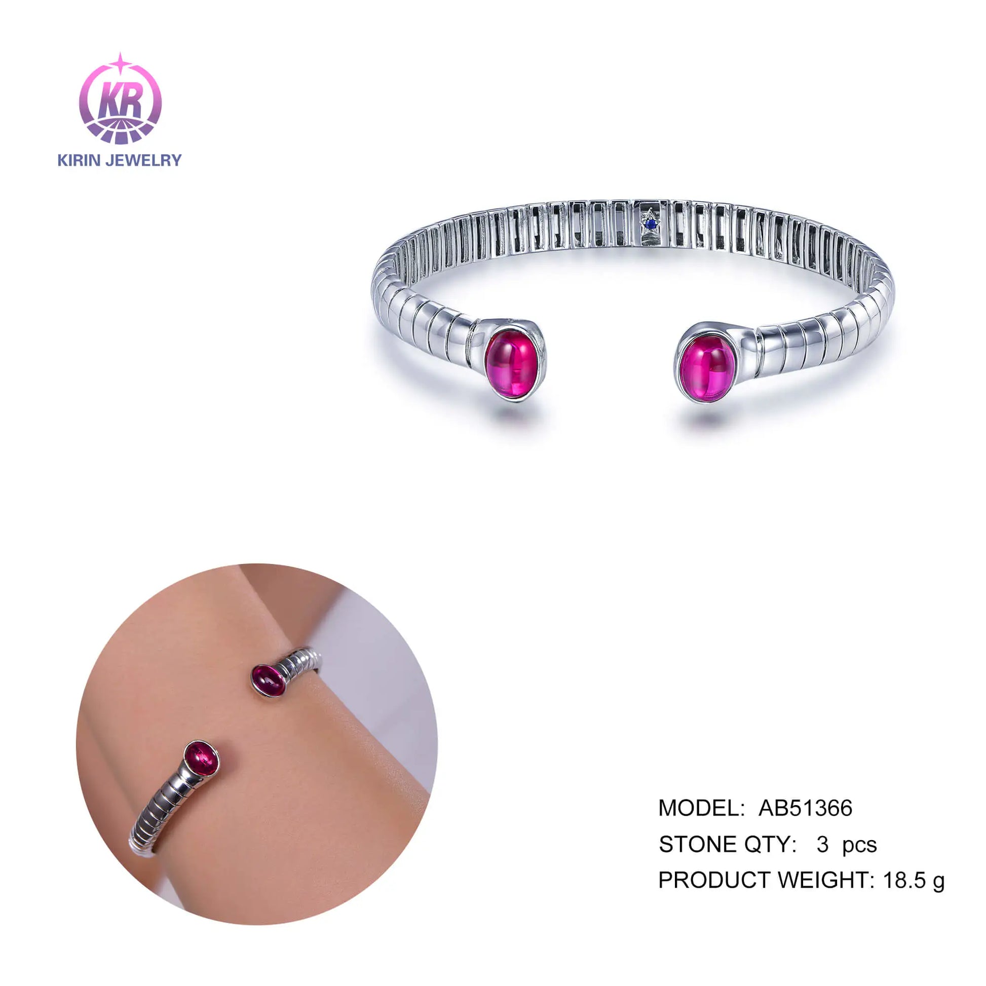 Custom Silver Corundum Lab Created Sapphire Ruby Open Bangle Bracelets​ for Women