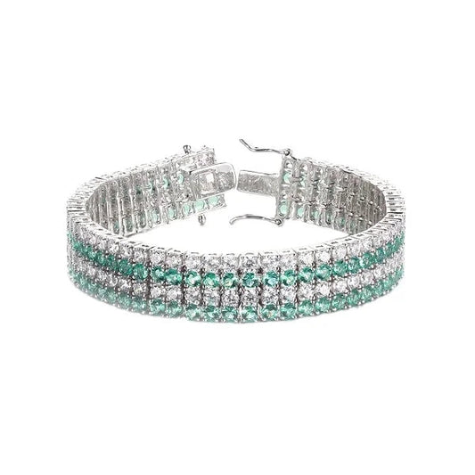 Custom Silver Cubic Zircon 4 Row Created Emerald & Diamond Wide Tennis Bracelet