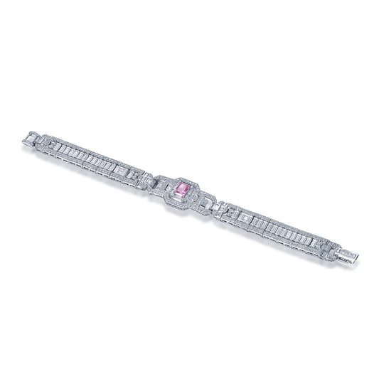 Custom Silver Cubic Zircon & Corundum Pink Gemstone Clustered Tennis Bracelet