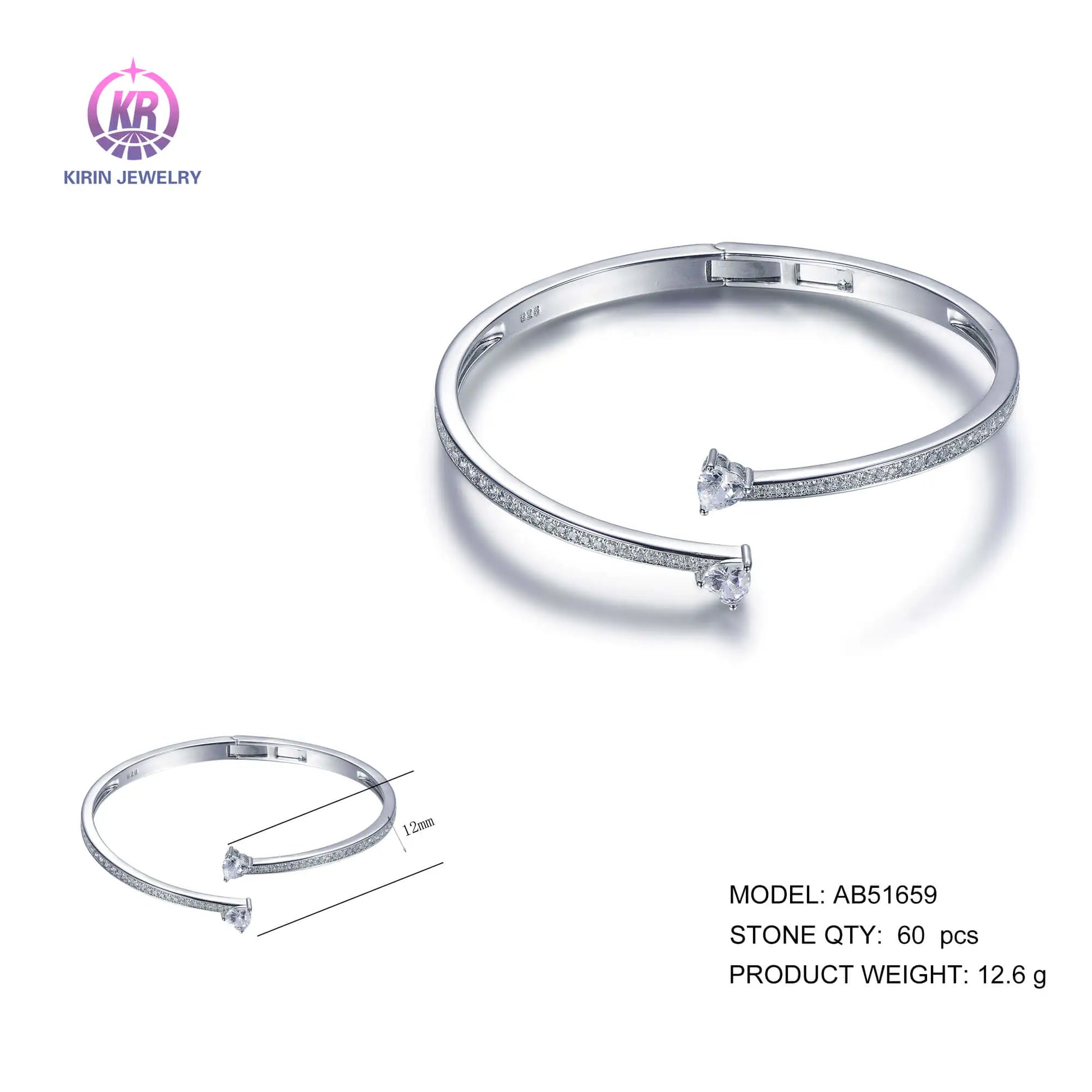 Custom Silver Cubic Zircon Heart Shape Lab Grown Diamond Bangle Bracelet for Women