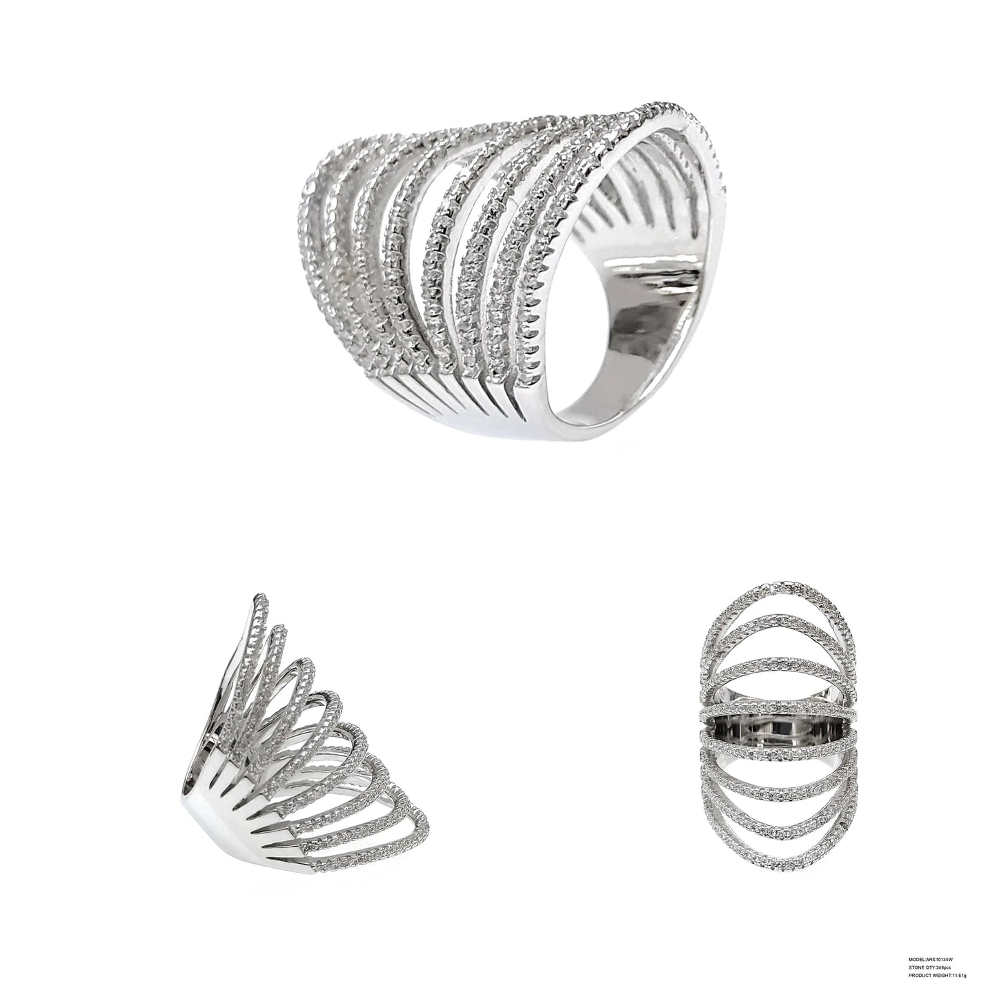 Custom Silver Cubic Zircon Iced Out Diamond Statement Band Multi Layer Ring