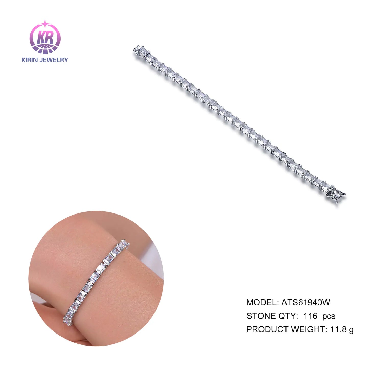 Custom Silver Cubic Zircon Lab Created Diamond Rectangle Tennis Bracelet​ for Women