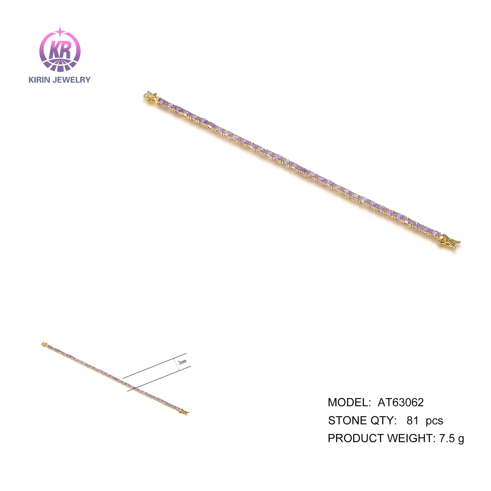 Custom Silver Cubic Zircon Lab Created Light Purple Diamond Tennis Bracelet​ for Women
