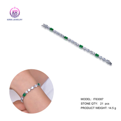 Custom Silver Cubic Zircon Mix Cut Lab Created Diamond Emerald Tennis Bracelet for Women