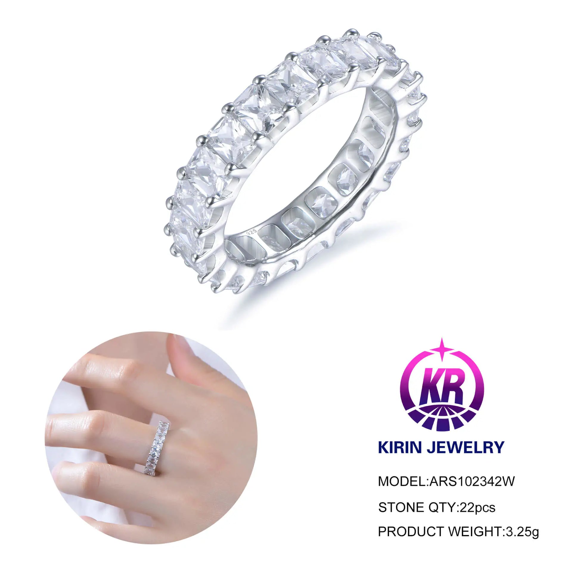 Custom Silver Cubic Zircon Rectangle Cut Lab Created Diamond Full Eternity Ring for Women