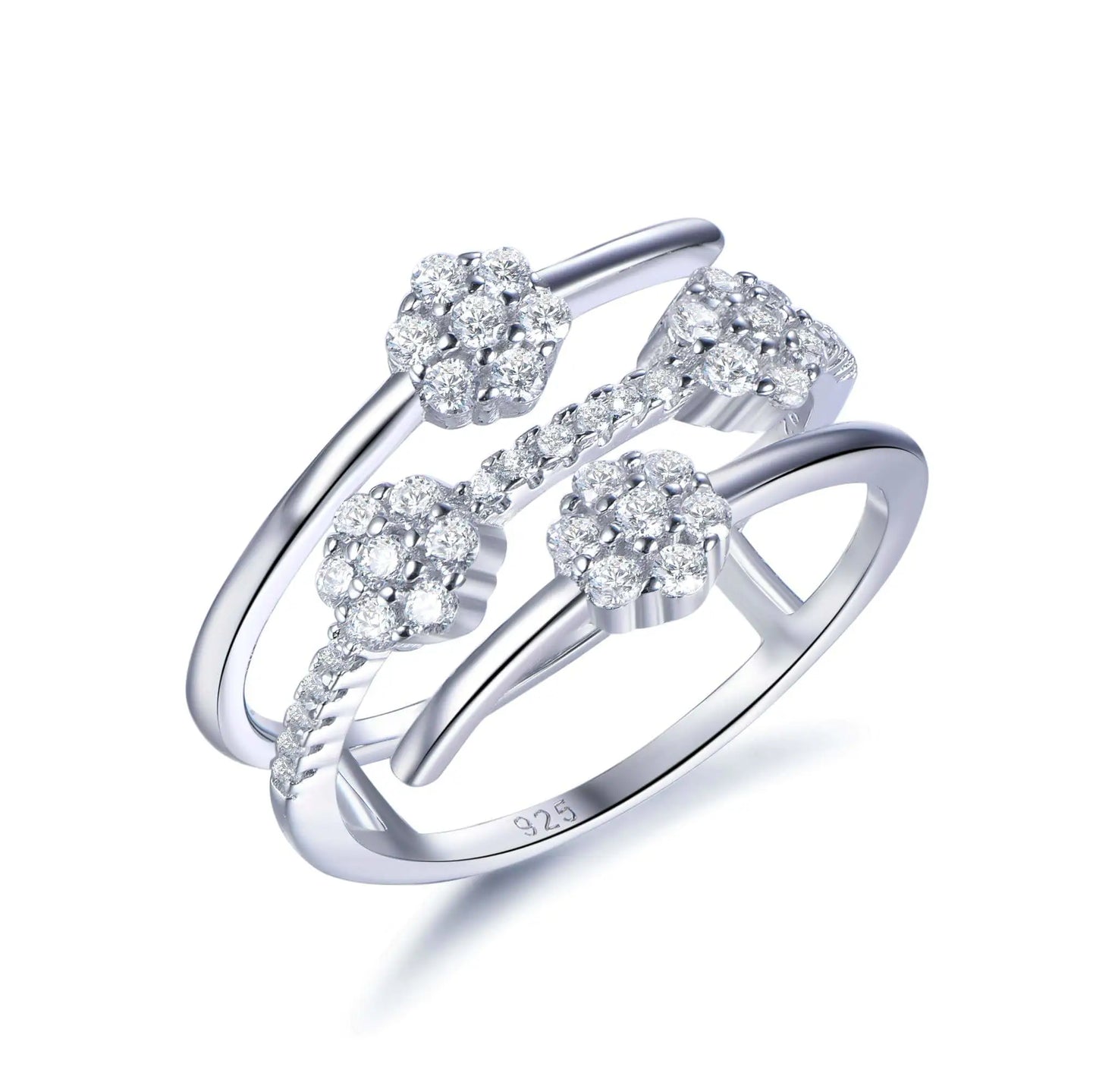 Custom Silver Cubic Zircon Statement Bands Round Lab Diamond Flower Cluster Ring