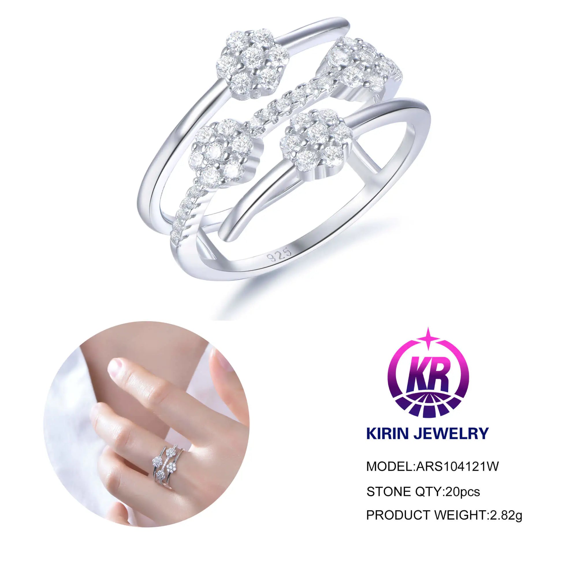 Custom Silver Cubic Zircon Statement Bands Round Lab Diamond Flower Cluster Ring for Women