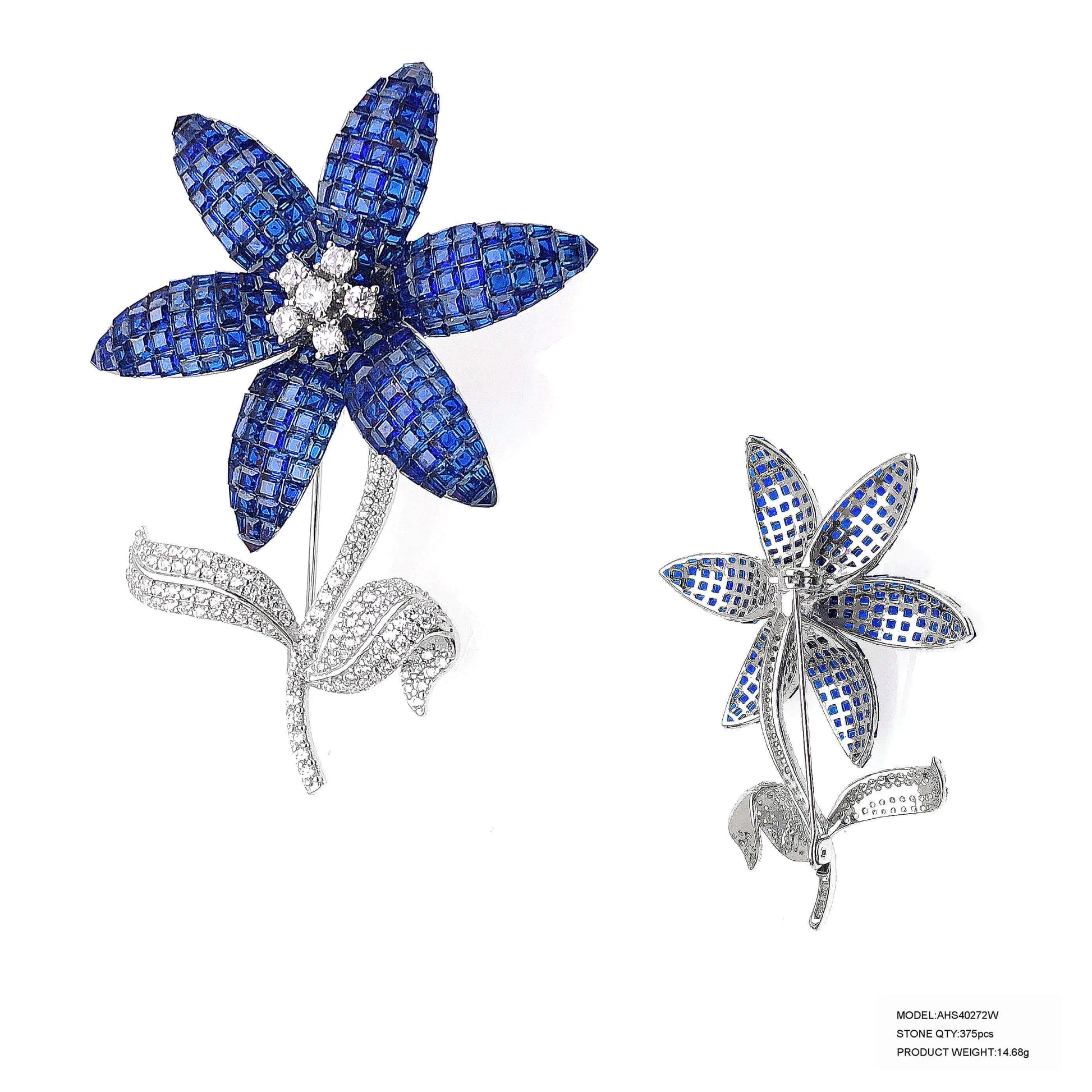 Custom Silver Cubic Zirconia & Corundum & Spinel Blue Vintage Flower Brooch