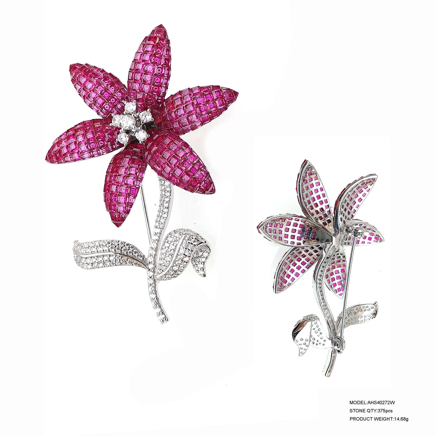Custom Silver Cubic Zirconia & Corundum & Spinel Red Vintage Flower Brooch