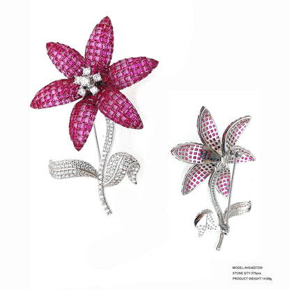 Custom Silver Cubic Zirconia & Corundum & Spinel Red Vintage Flower Brooch