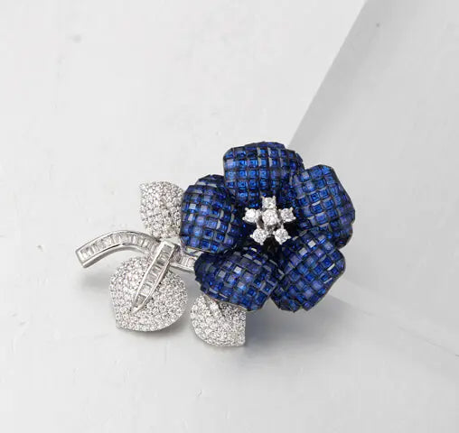 Custom Silver Cubic Zirconia & Corundum & Spinel Simple Blue Vintage Flower Brooches​