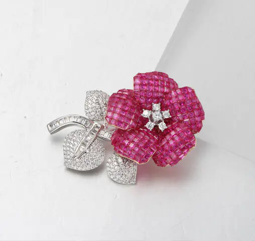 Custom Silver Cubic Zirconia & Corundum & Spinel Simple Red Vintage Flower Brooches​