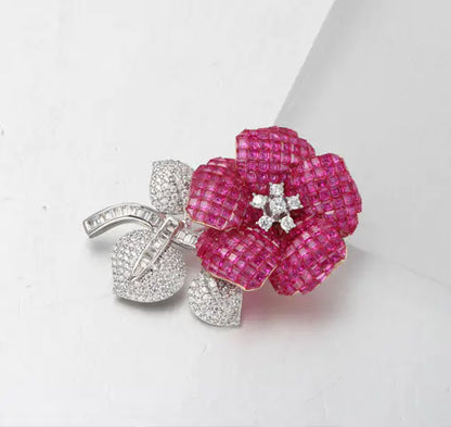 Custom Silver Cubic Zirconia & Corundum & Spinel Simple Red Vintage Flower Brooches​