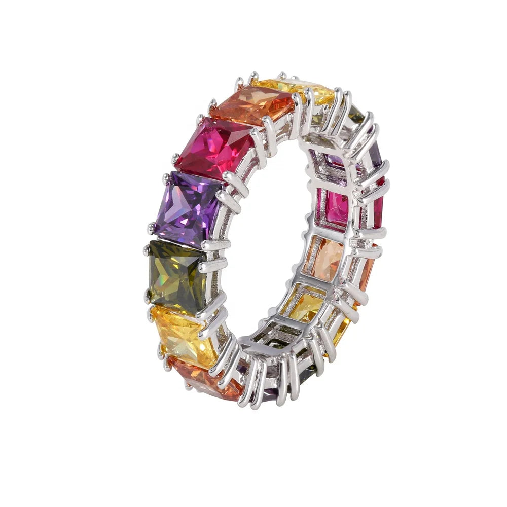 Custom Silver Eternity Square Multi Color Gemstone Rainbow Engagement Ring