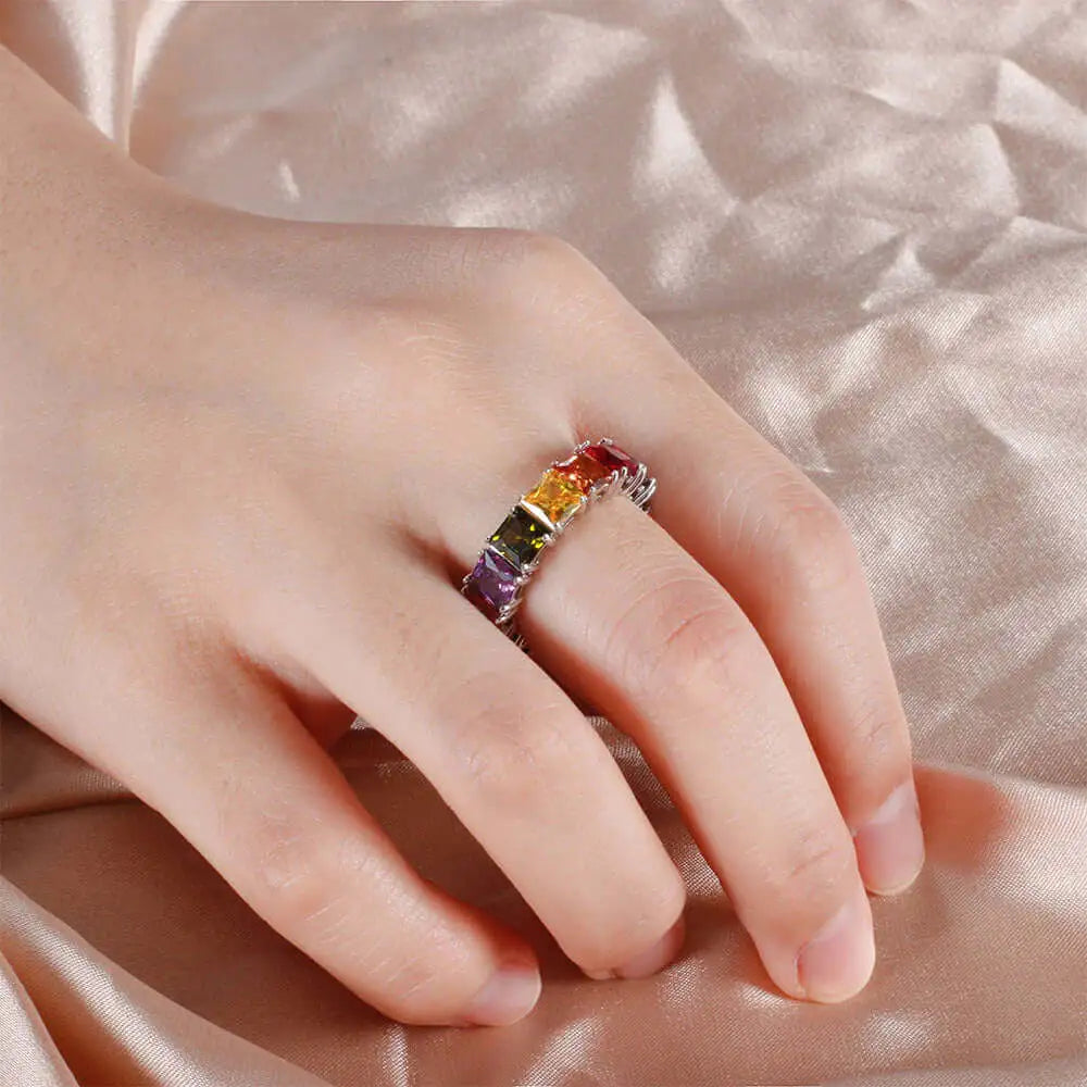 Custom Silver Eternity Square Multi Color Gemstone Rainbow Engagement Ring for Women