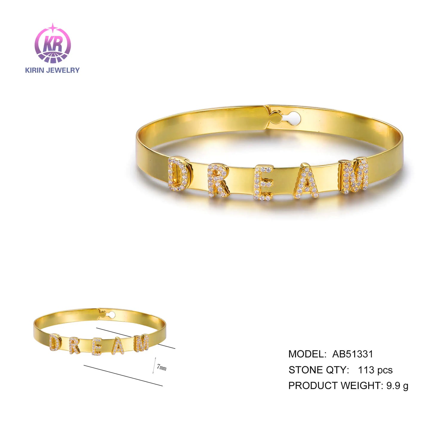 Custom Silver Gold Plated CZ Breathe Metal Hinge Message Bangle Bracelets for Women