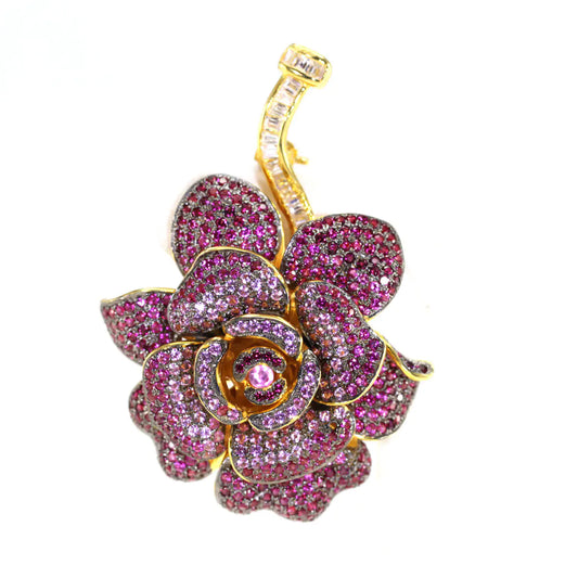 Custom Silver Gold Plated CZ & Corundum Crystal Blooming Flower Brooch Pin