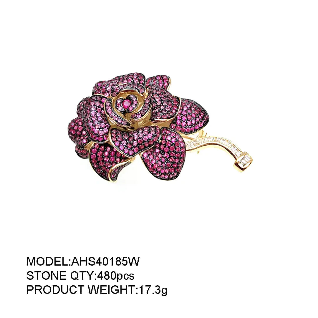 Custom Silver Gold Plated CZ & Corundum Crystal Blooming Flower Brooch Pin for Women
