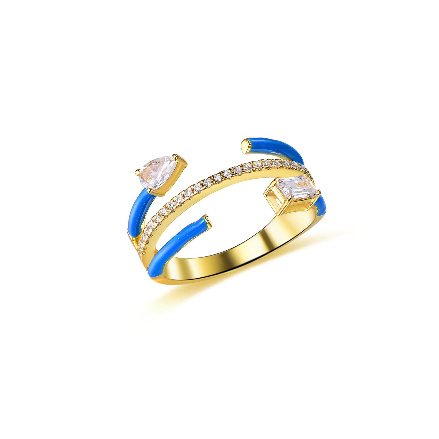 Custom Silver Gold Plated CZ & Enamel Mixed Cut Statement Band Ring