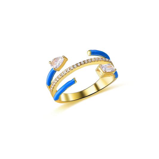 Custom Silver Gold Plated CZ & Enamel Mixed Cut Statement Band Ring
