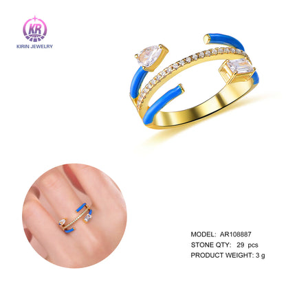 Custom Silver Gold Plated CZ & Enamel Mixed Cut Statement Band Ring for Women