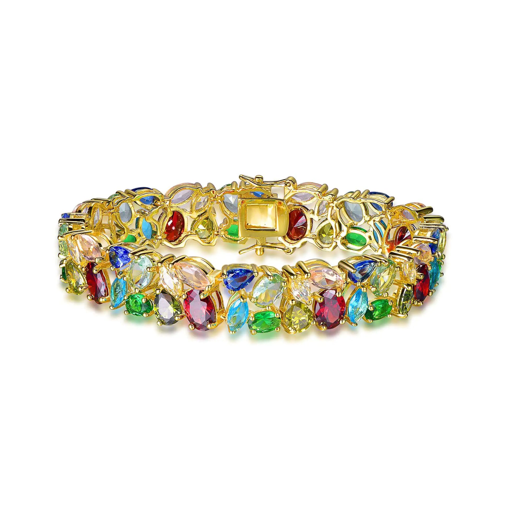 Custom Silver Gold Plated CZ & Glass Dual Layer Mix Cut Multi Colored Gem Bracelet