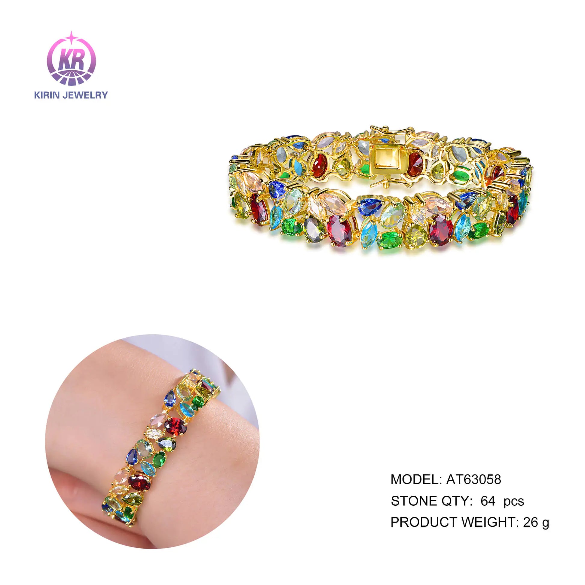 Custom Silver Gold Plated CZ & Glass Dual Layer Mix Cut Multi Colored Gem Bracelet for Women