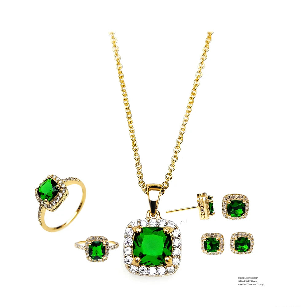 Custom Silver Gold Plated CZ & Glass Lab Created Emerald Bridal Jewelry Sets