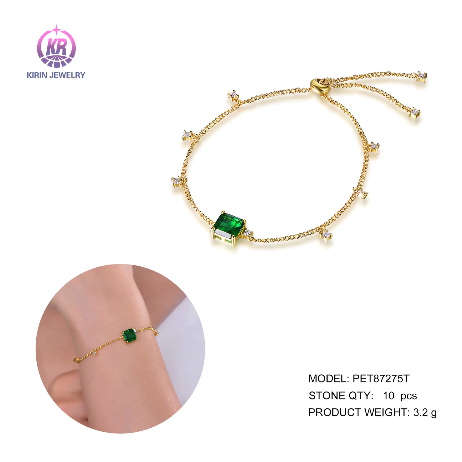 Custom Silver Gold Plated CZ & Glass Solitaire Lab Created Emerald Bracelet​ for Women