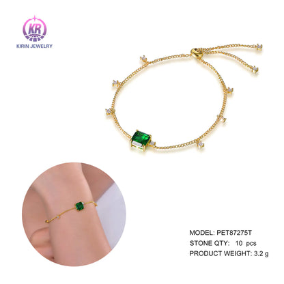 Custom Silver Gold Plated CZ & Glass Solitaire Lab Created Emerald Bracelet​ for Women