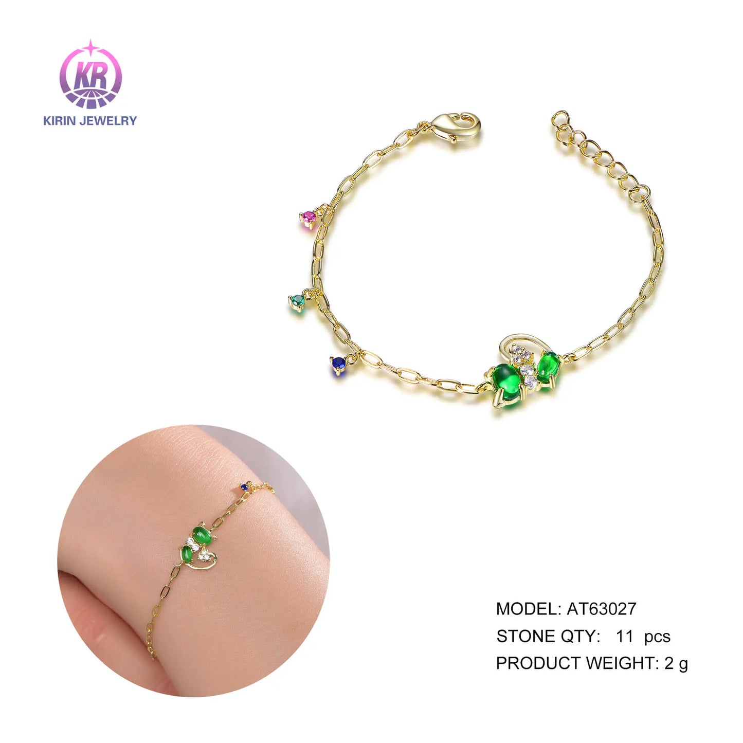 Custom Silver Gold Plated CZ & Glass & Spinel & Corundum Cat Charm Bracelet for Women