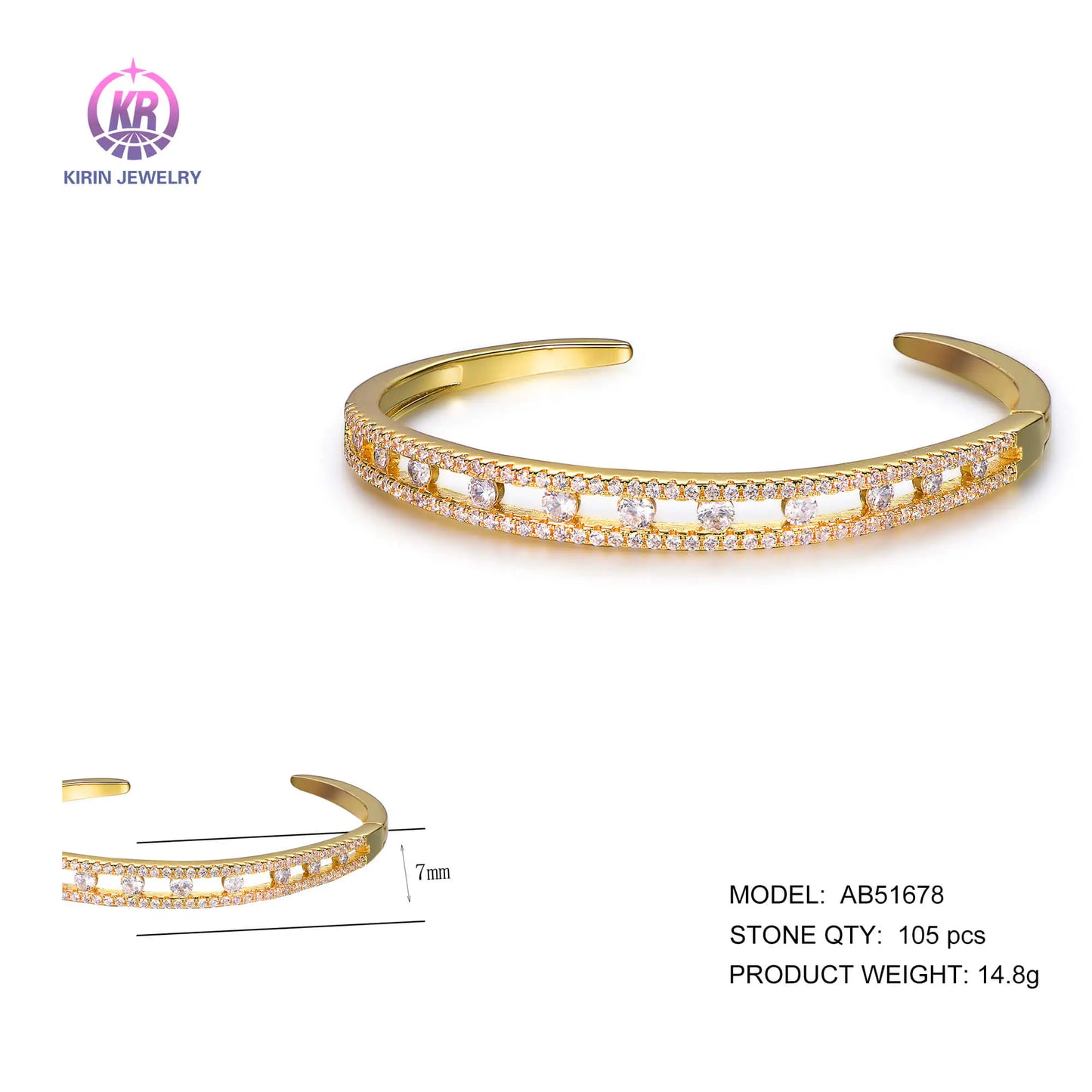 Custom Silver Gold Plated CZ Hollow Design Open Bangle Bracelets for Women