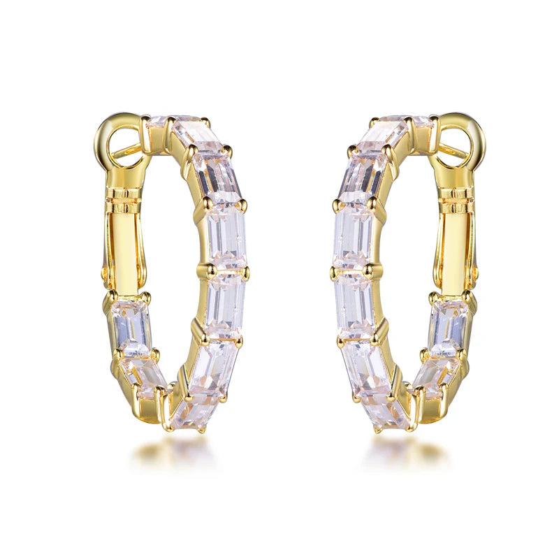 Custom Silver Gold Plated CZ Rectangle Cut Lab Created Diamond Hoops Earrings