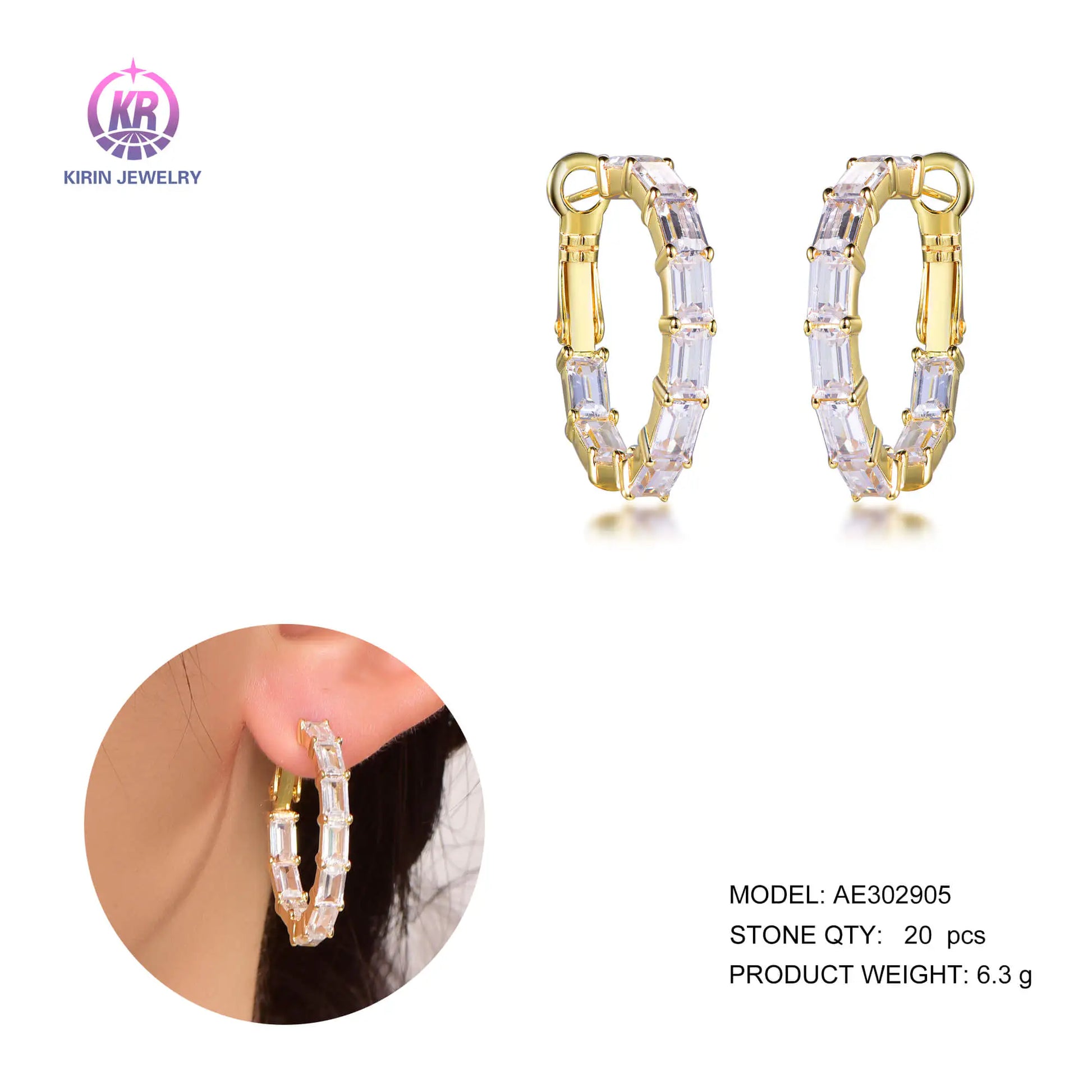 Custom Silver Gold Plated CZ Rectangle Cut Lab Created Diamond Hoops Earrings for Women