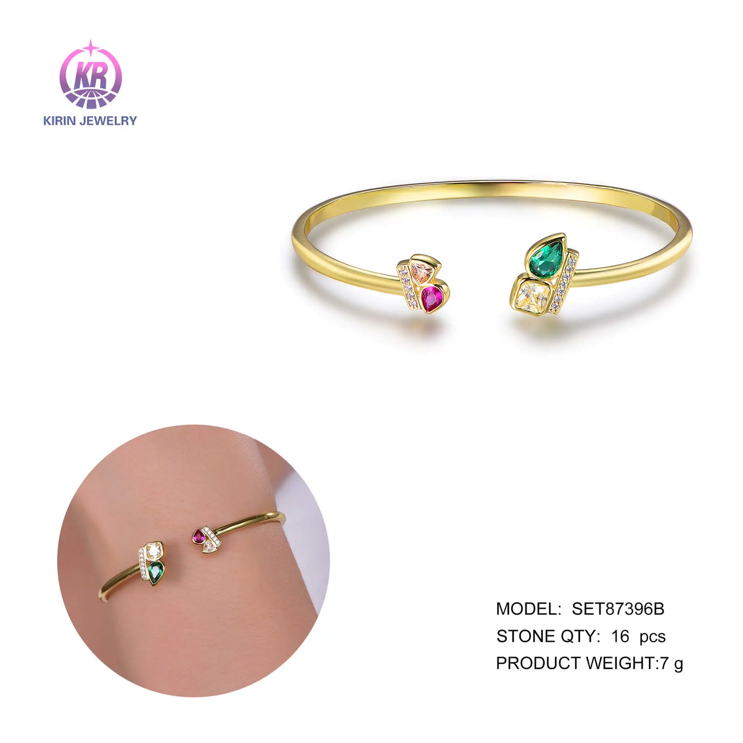 Custom Silver Gold Plated CZ & Spinel & Corundum Thin Open Bangle for Women