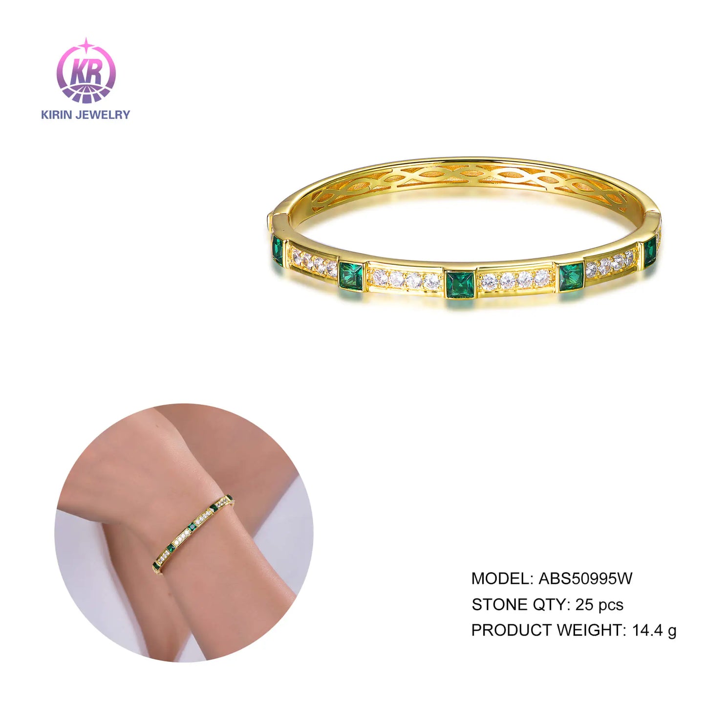 Custom Silver Gold Plated CZ & Spinel Lab Created Emerald Diamond Bangles for Women