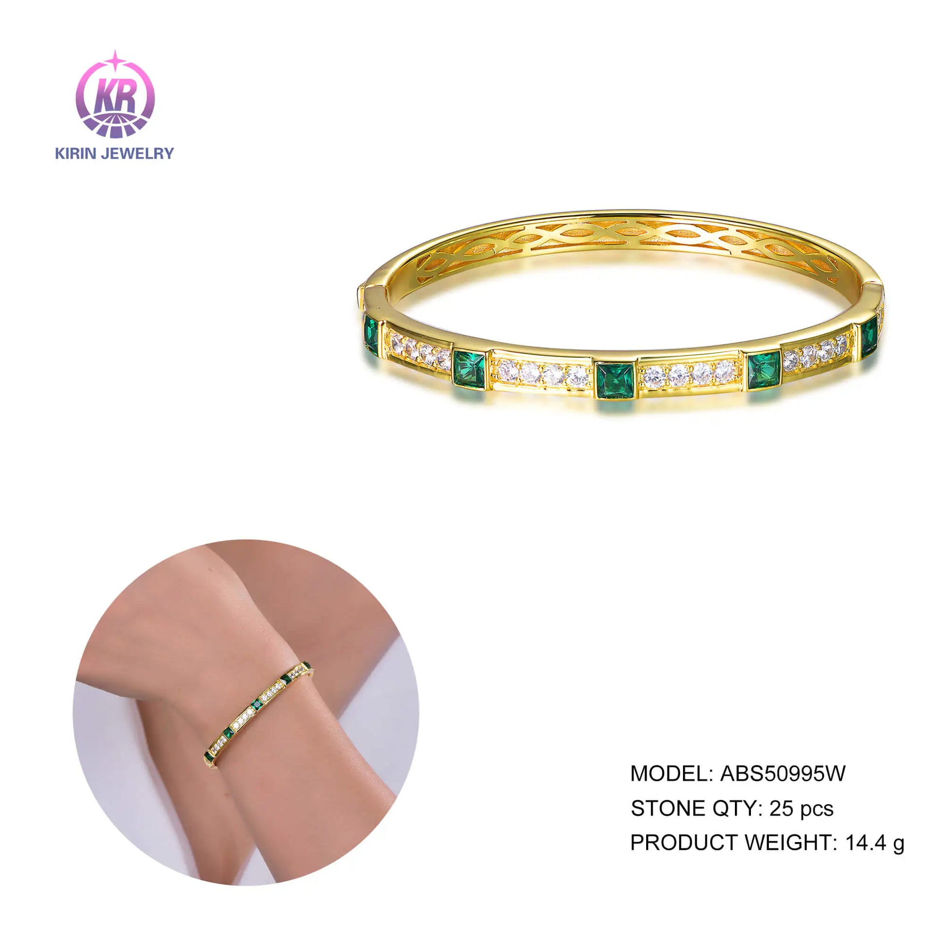 Custom Silver Gold Plated CZ & Spinel Lab Created Emerald Diamond Bangles for Women