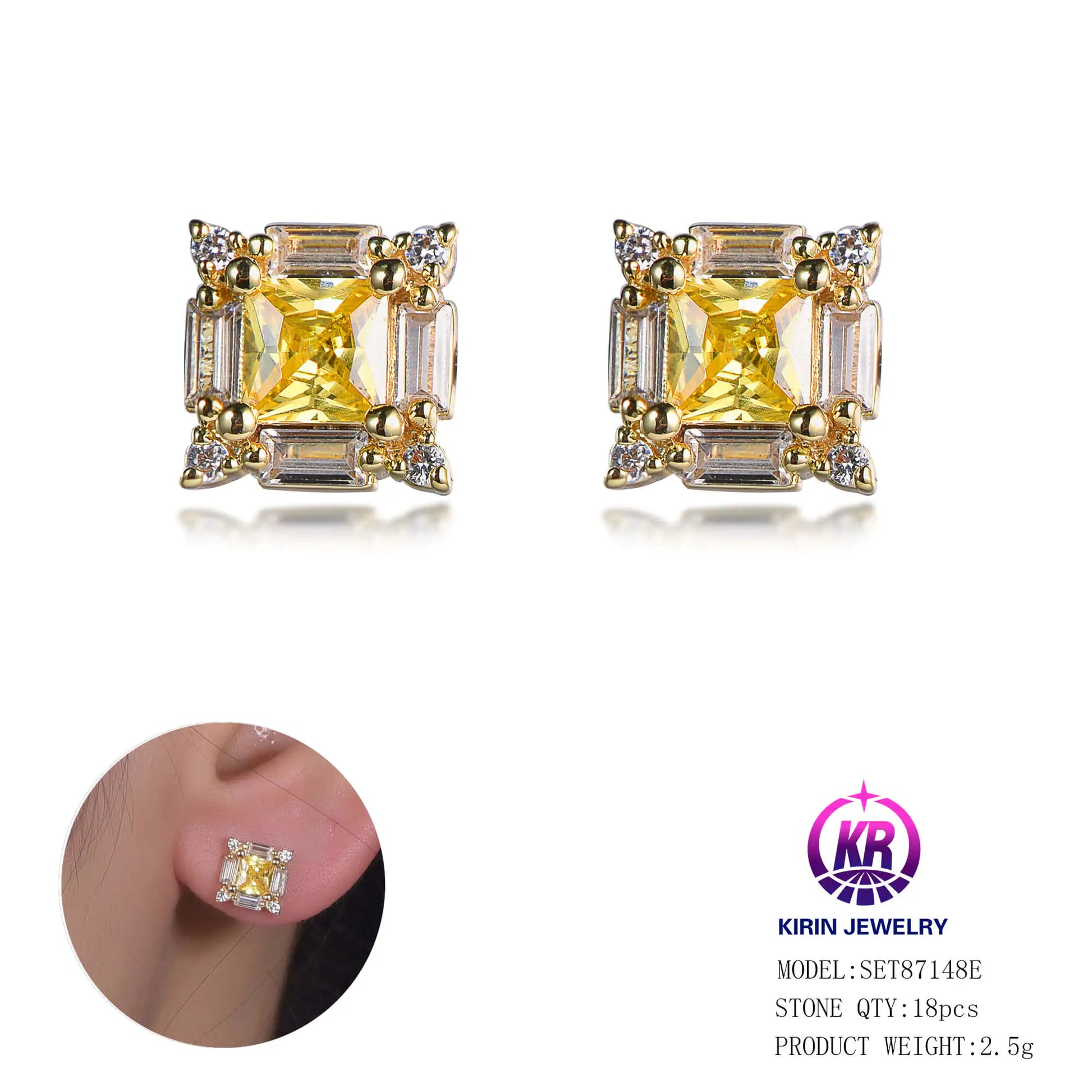 Custom Silver Gold Plated CZ Square Design Earrings Bridal Wedding Jewelry Set​