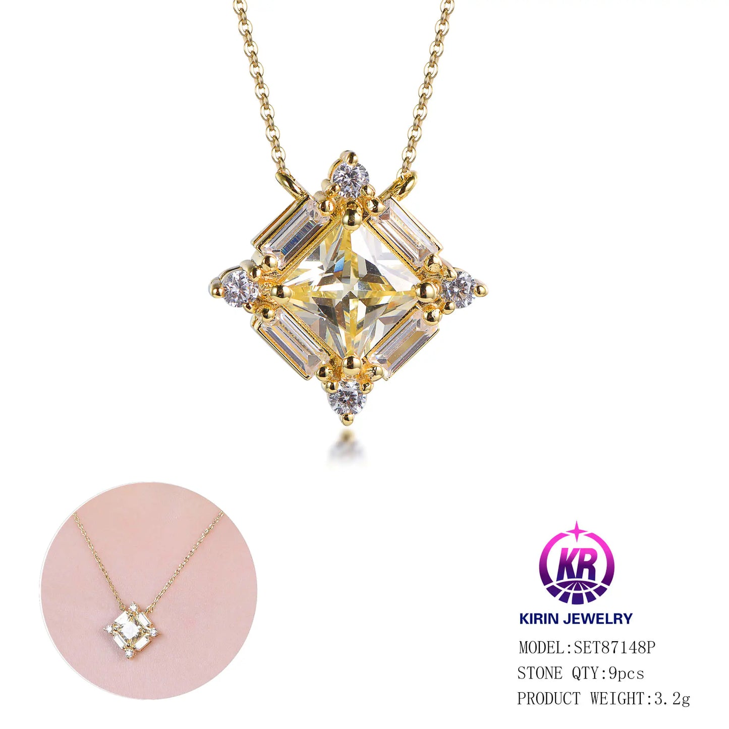 Custom Silver Gold Plated CZ Square Design Pendant Bridal Wedding Jewelry Set​