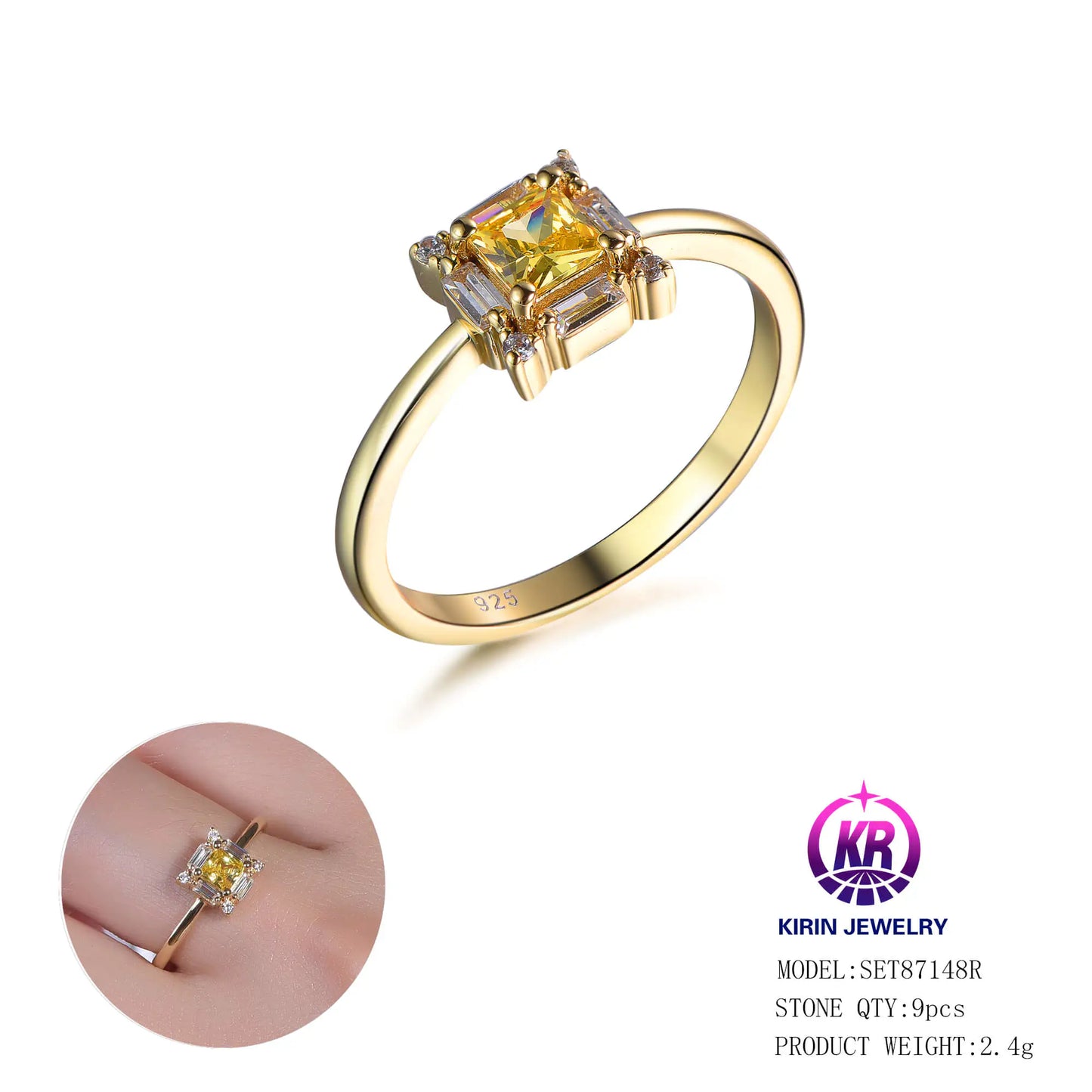 Custom Silver Gold Plated CZ Square Design Ring Bridal Wedding Jewelry Set​