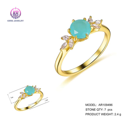 Custom Silver Gold Plated CZ and Milky Green Glass Flower Design Engagement Rings for Women