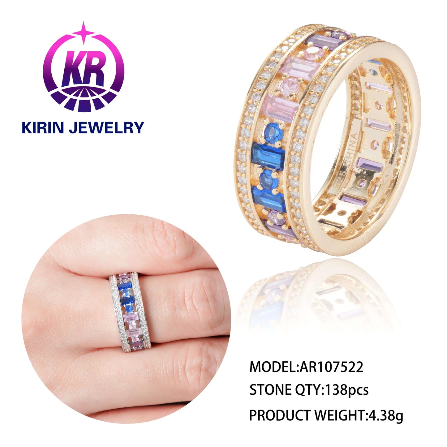 Custom Silver Gold Plated CZ and Spinel Eternity Multi Color Gemstone Rainbow Engagement Ring for Women