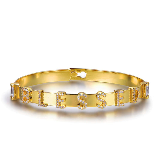 Custom Silver Gold Plated Cubic Zircon Letter Bangle Bracelet