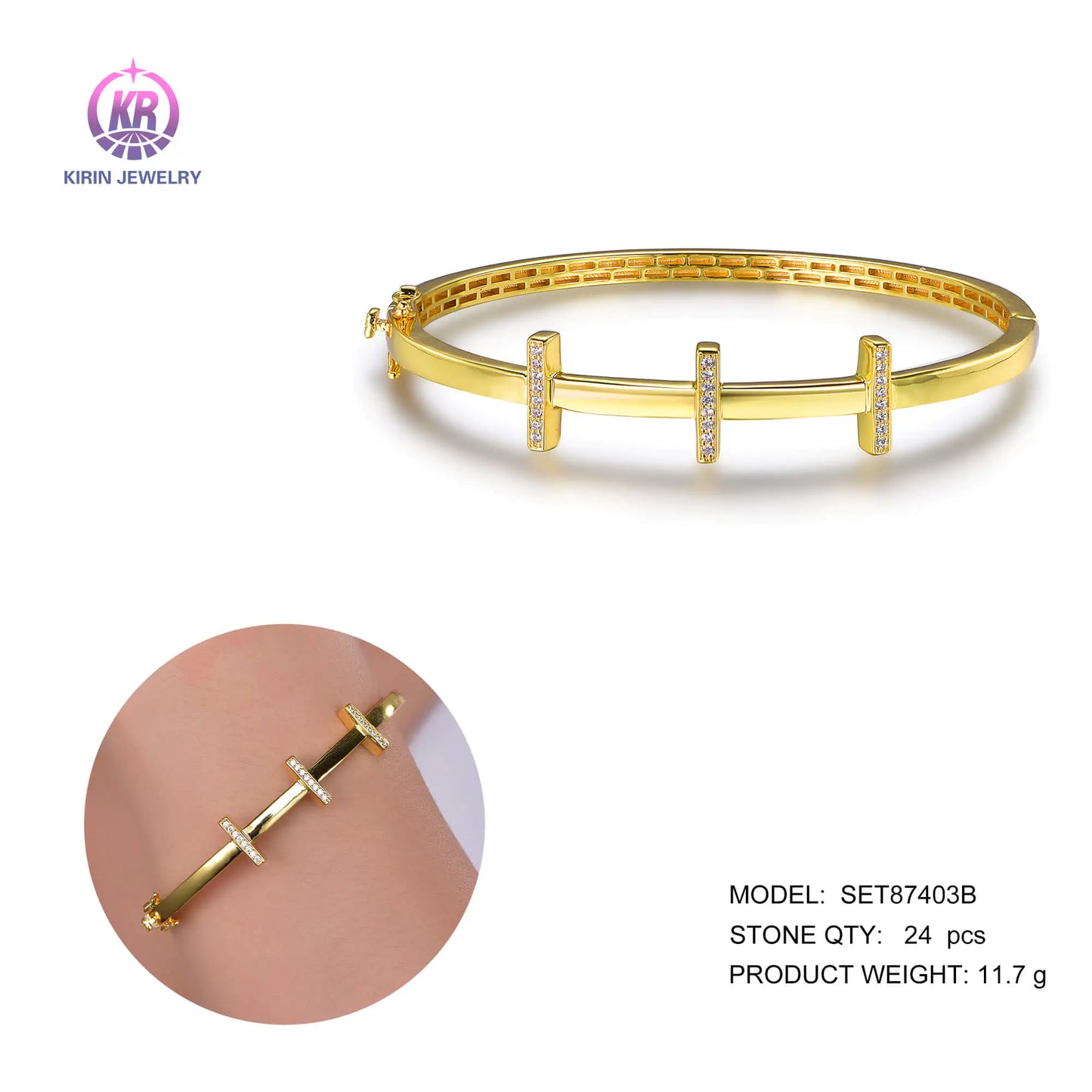 Custom Silver Gold Plated Cubic Zircon Simple Design Bangles for Women