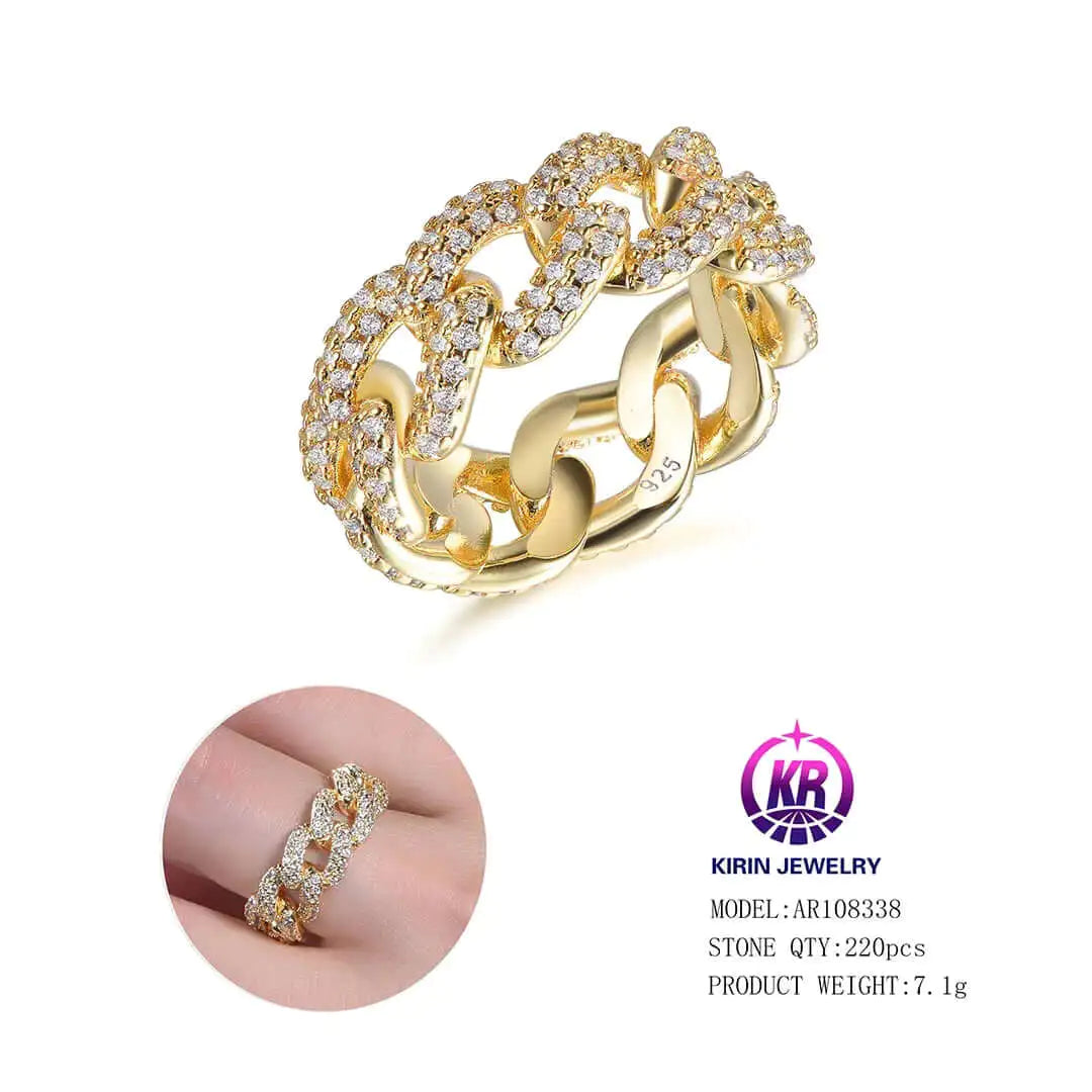 Custom Silver Gold Plated Pave CZ Cuban Curb Link Chain Statement Engagement Rings for Women