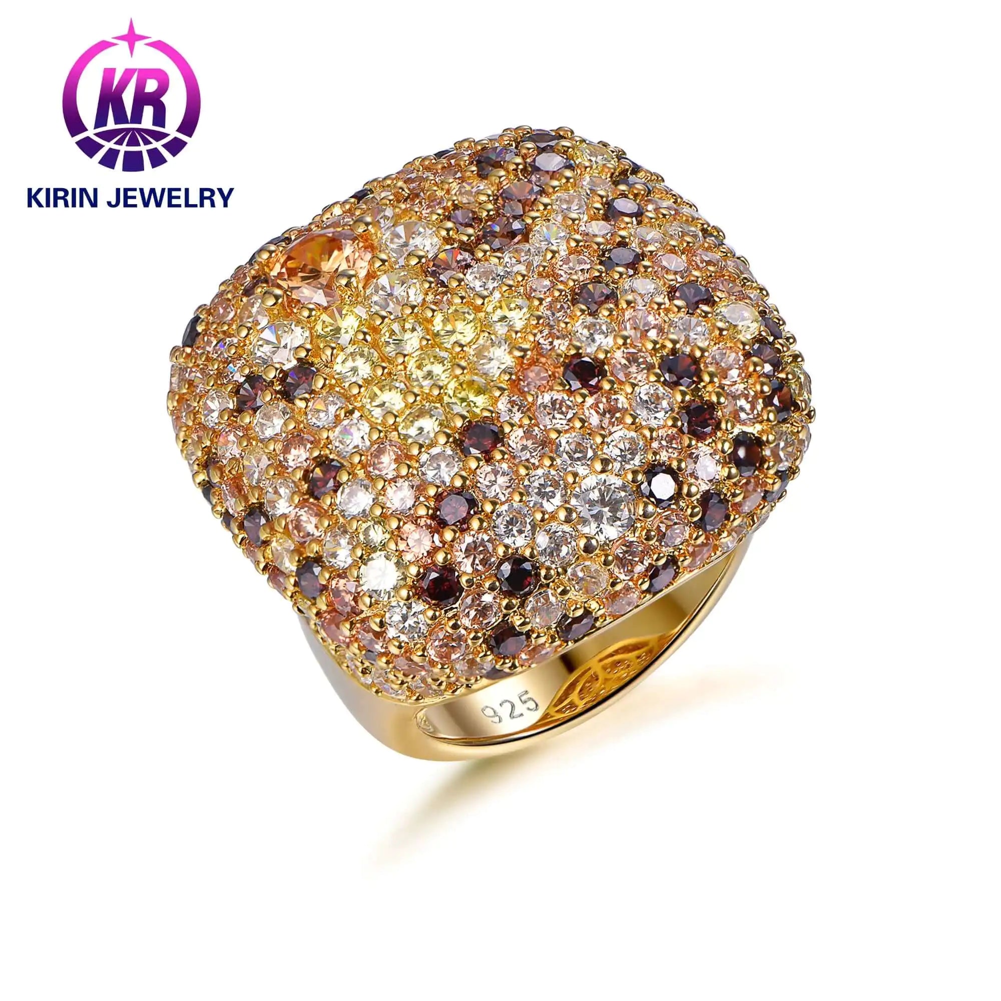 Custom Gold Plated Round Colorful CZ Statement Pave Engagement Rings ...