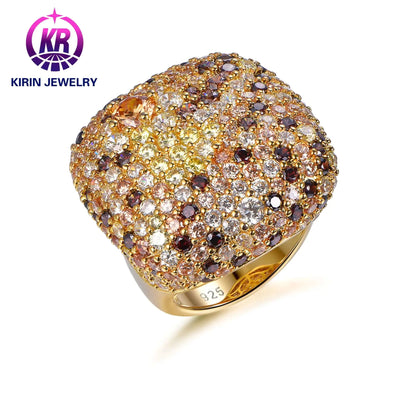 Custom Silver Gold Plated Round Colorful CZ Statement Pave Engagement Rings